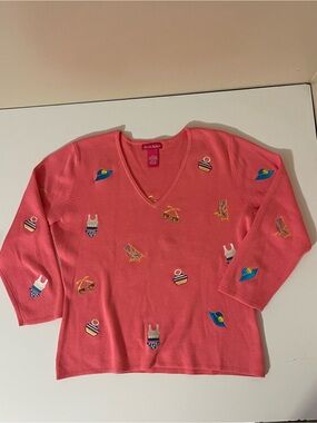 Alexandra Bartlett Coral-Pink Knit Top with Embroidered Beach Icons